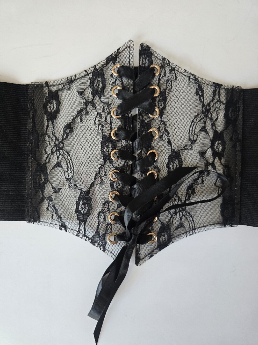 Black Lace Corset-Style Waist Belt with Satin Ribbon